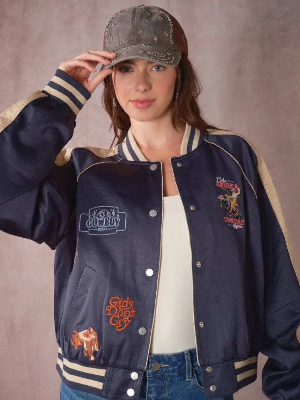 Western Patch Satin Varsity Jacket Two Color Options NEW